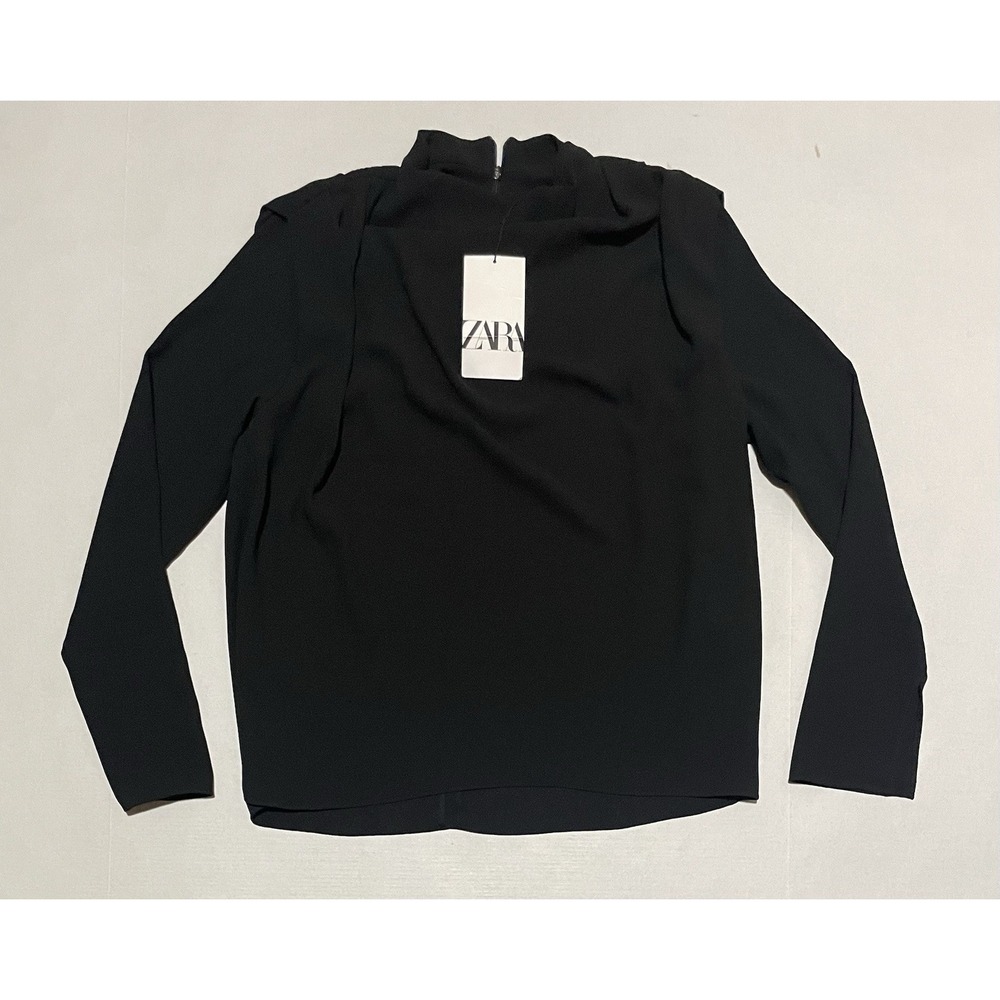 Zara Top XS Mock Neck Creep Blouse Long Sleeve Back Zipper Black Casual Office